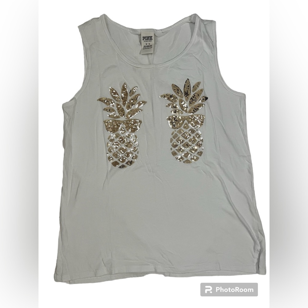 Pink Victorias Secret Womens Tank Top Tshirt White Pineapple Sparkle